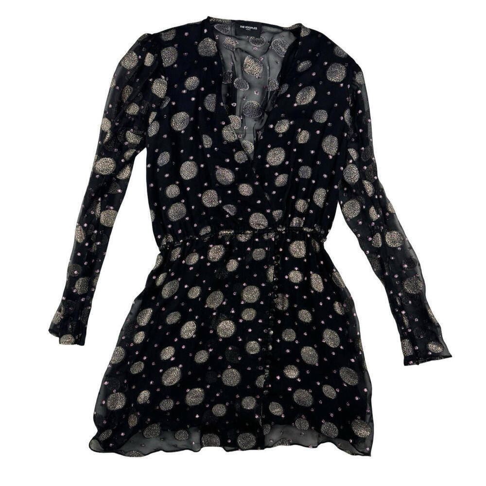 The Kooples Silk Black and Metallic V-Neck Mini Dress Size 2 | M